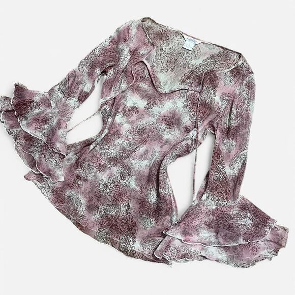 VTG Y2K Timid Sheer Pink & Brown Silk Paisley Keyhole Bell Sleeve Fairycore Top - Picture 2 of 8